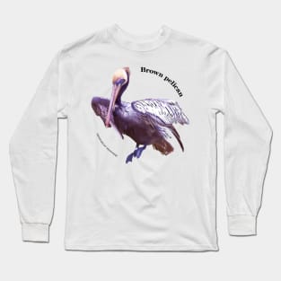 Brown pelican tropical bird pin black text Long Sleeve T-Shirt